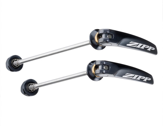 Par de cierres rápidos Zipp Tangente Qr-Ti de titanio negro con logotipo negro, 100 mm/130 mm para rueda de carretera