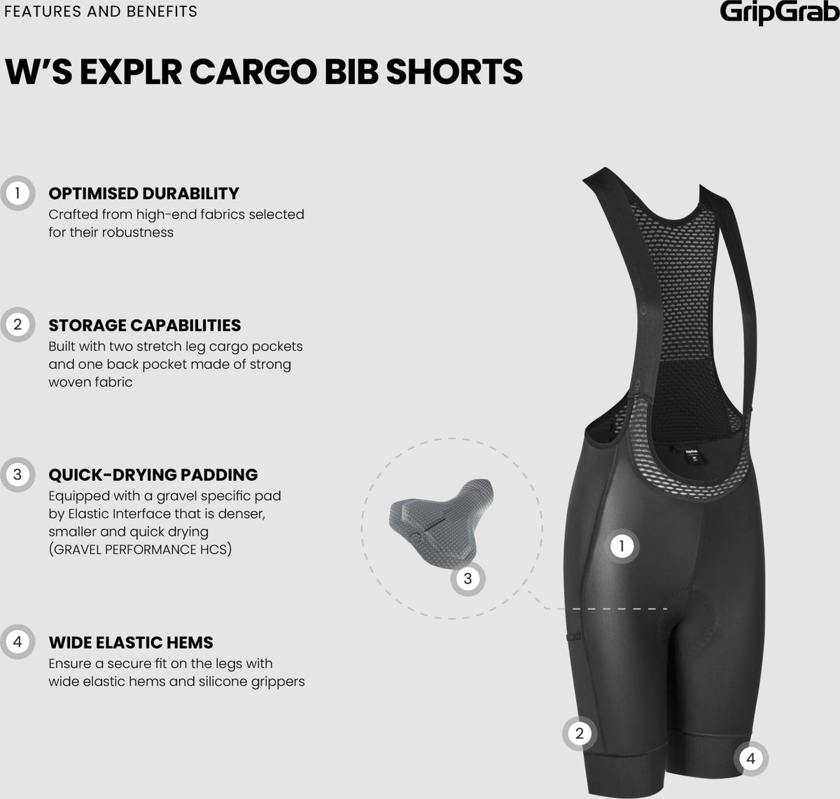 Culote corto con tirantes para mujer GripGrab W's EXPLR Cargo, XS, Negro