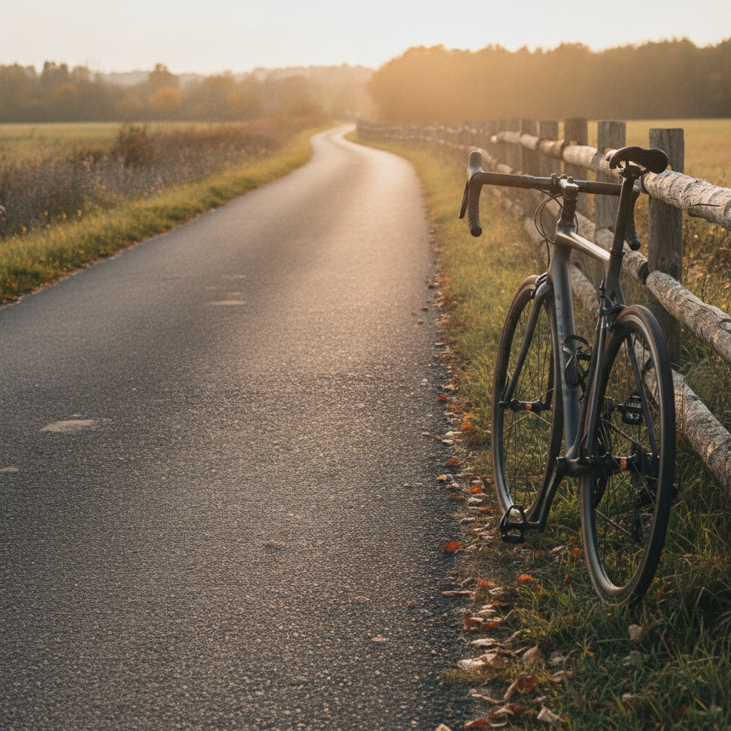 Bicicleta de carretera con cubierta montada en un camino rural al atardecer en otono, banner de la oferta de hasta -15% en cubiertas Michelin y Continental en ARS Bike Parts