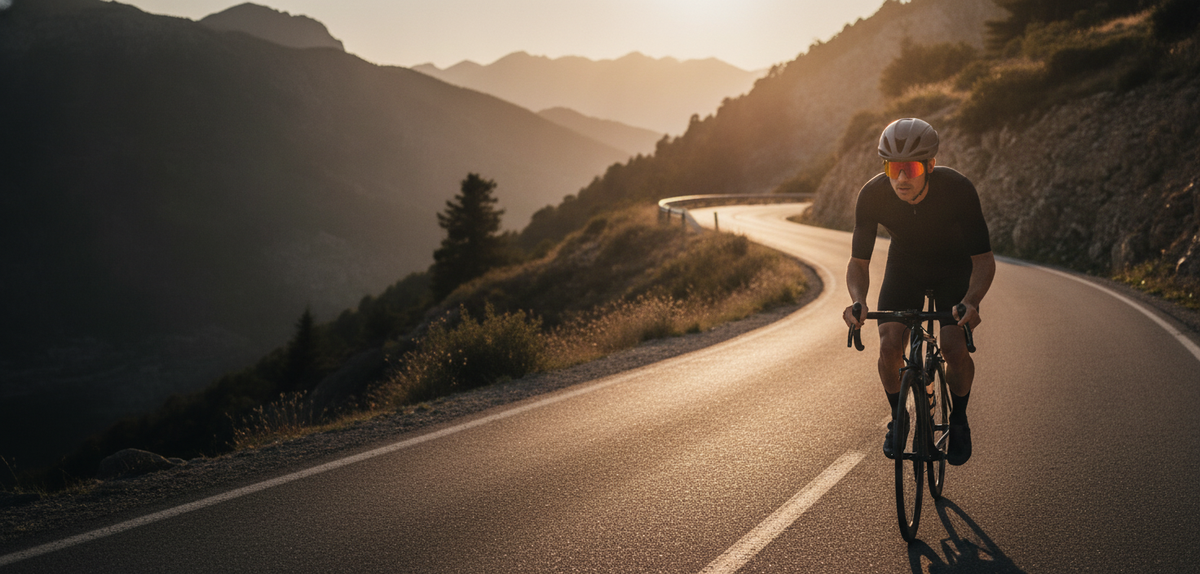 Ciclista de carretera al atardecer con casco HJC Furion 2.0 y gafas Scicon Protector, banner de la oferta de hasta -15% en cascos HJC y gafas Scicon en ARS Bike Parts