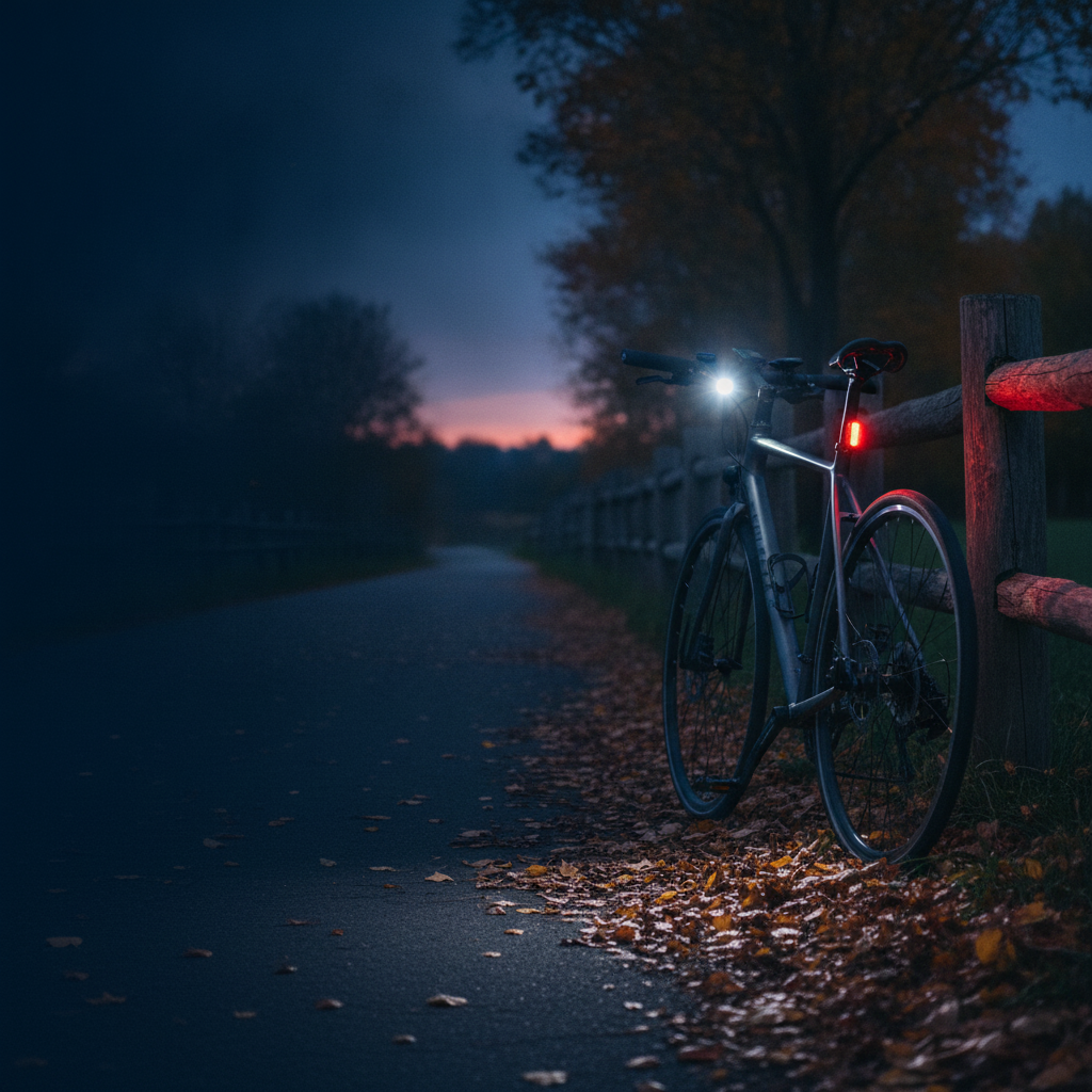 Bicicleta aparcada al anochecer de otoño con faro delantero y piloto trasero encendidos, ofertas reales en iluminación para ciclismo en ARS Bike Parts